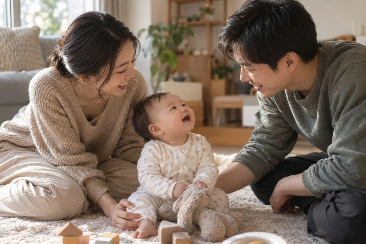 부모가 아기와 눈을 맞추며 웃는 모습