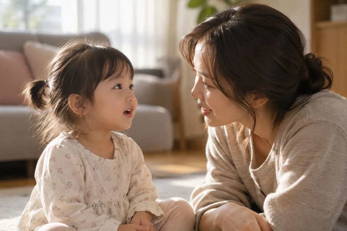 엄마와 아이가 눈높이를 맞추고 대화하는 모습