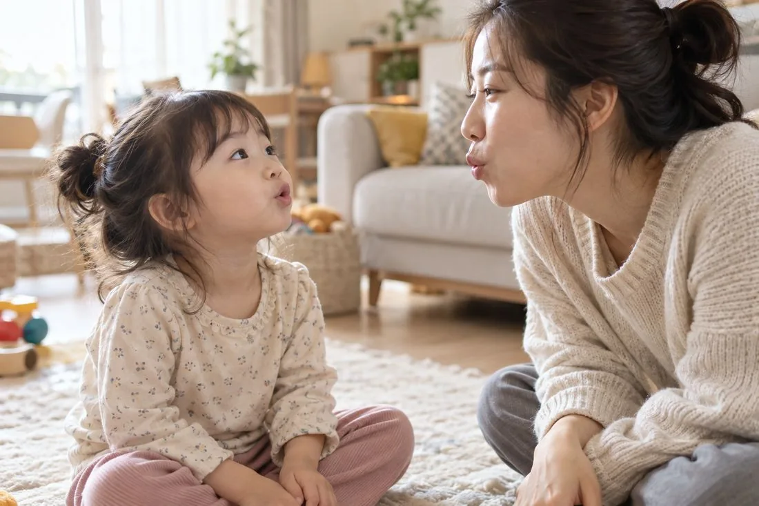 엄마와 아이가 마주 보며 같은 입 모양으로 소리를 흉내내는 모습