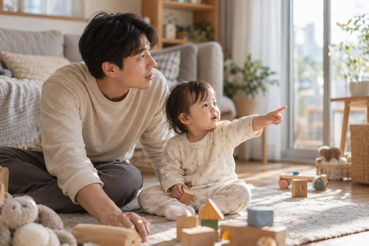 아빠와 아기가 함께 한 곳을 가리키며 바라보는 모습