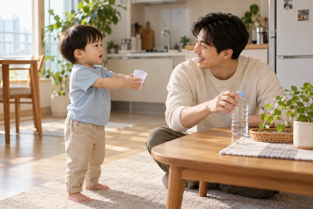 두 돌 무렵 아이가 빈 컵을 내밀며 말을 건네고, 아빠가 눈높이를 맞춰 대답하는 모습