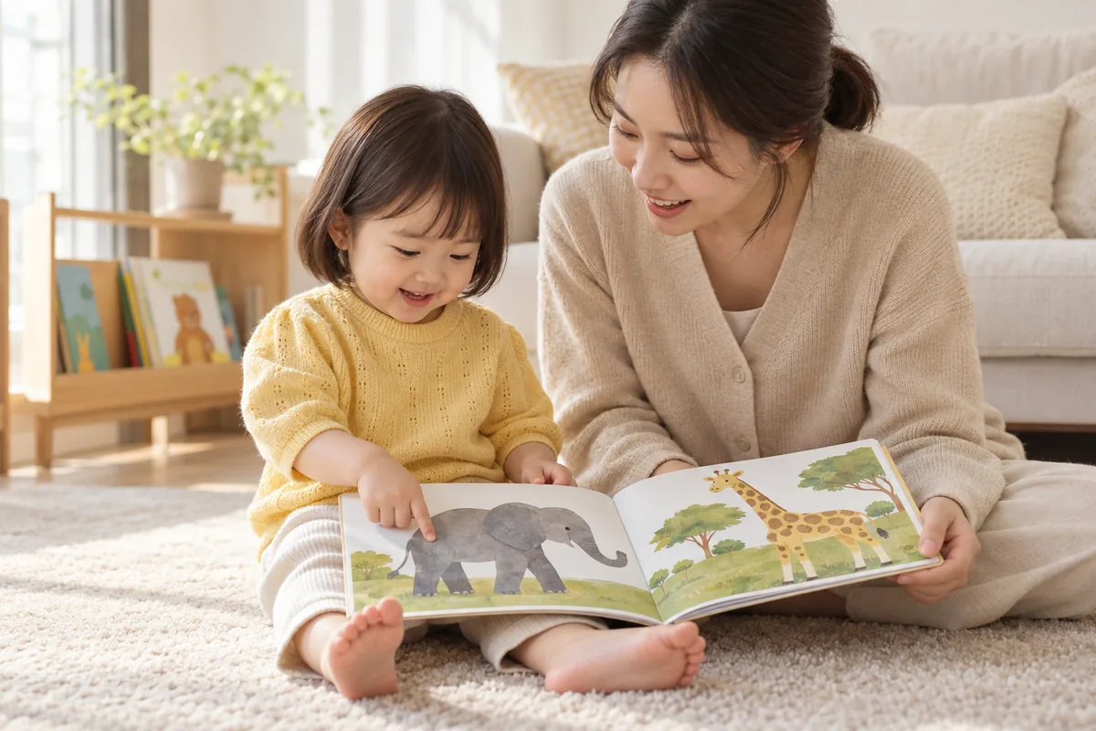 두 돌 무렵 아이가 그림책 속 그림을 손가락으로 가리키고, 엄마가 곁에서 이름을 말해 주는 모습