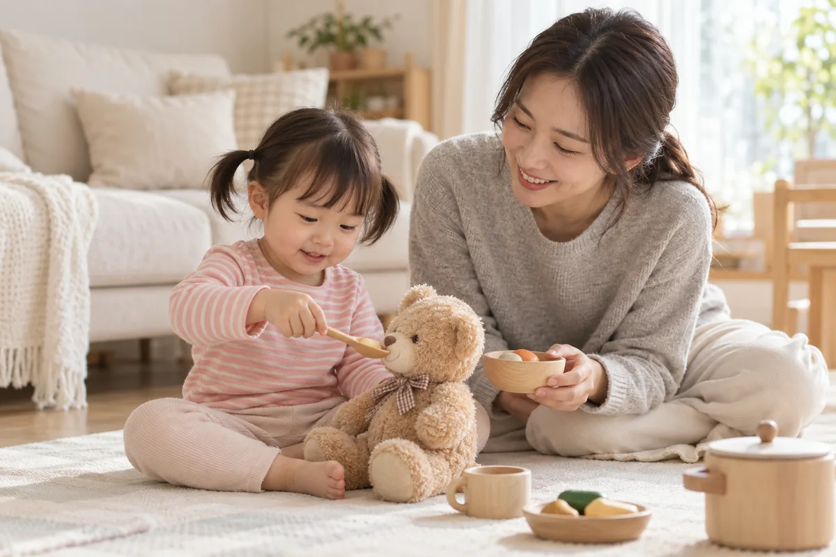 두 돌 무렵 아이가 곰인형에게 장난감 숟가락으로 밥을 먹이는 흉내를 내고, 엄마가 곁에서 지켜보는 모습